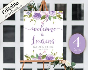 Welcome Sign Bridal Shower Template, Editable PDF, ANY EVENT, Bridal Baby Wedding Baptism Birthday Shower Sign, Lilac Purple Floral