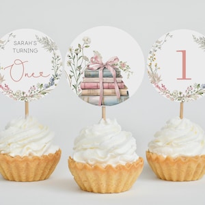One for the Books Editable First Birthday Cupcake Toppers Template, 1st Birthday Party, Cupcake toppers, Corjl, BL25