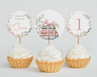 One for the Books Editable First Birthday Cupcake Toppers Template, 1st Birthday Party, Cupcake toppers, Corjl, BL25