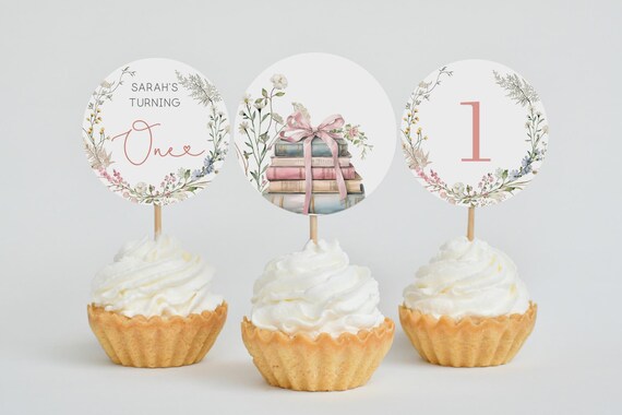 One for the Books Editable First Birthday Cupcake Toppers Template, 1st Birthday Party, Cupcake toppers, Corjl, BL25