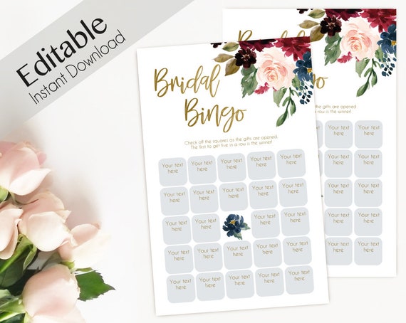 Bridal Bingo, Game Editable PDF Bridal Shower, Blue Navy Marsala Burgundy Blush Gold, Wedding shower game Bachelorette party, Editable bingo