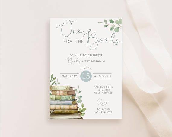 One for the Books invitation, First Birthday Editable Birthday Invitation Template, 1st Birthday Party Book Invite, Corjl, BM25