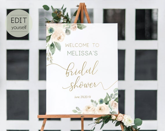 Welcome Sign Bridal Shower, Template Bridal Shower, Editable PDF, Welcome Bridal Shower, Greenery, White Blush Floral Gold, Editable Sign