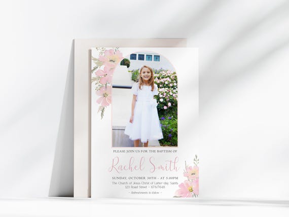 Baptism Invitation Girl Editable file, Editable PDF, Instant Download, Girl Invitation flowers, LDS Baptism Invite, No Photo Needed