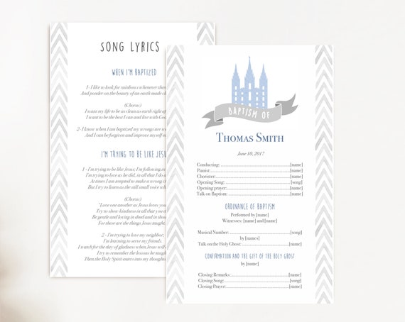 Baptism Program, Editable PDF, LDS Printable Digital Handout boy Baptism, blue, Grey, watercolor, Baptism Template