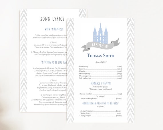 Baptism Program, Editable PDF, LDS Printable Digital Handout boy Baptism, blue, Grey, watercolor, Baptism Template