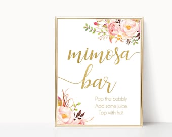 Mimosa Bar Sign, Romantic Blooms Rose Floral and Gold, Bubbly Bar sign, Wedding Bar Sign