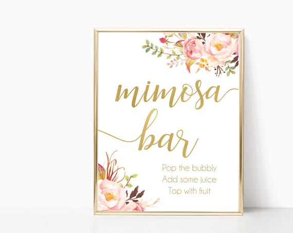 Mimosa Bar Sign, Romantic Blooms Rose Floral and Gold, Bubbly Bar sign, Wedding Bar Sign