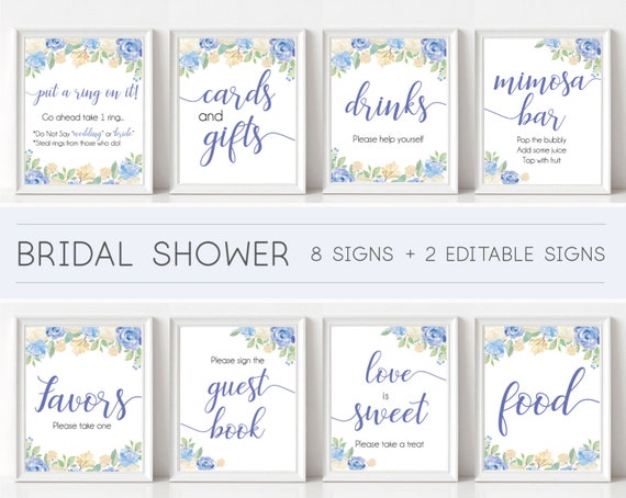 Bridal Shower Sign Set, Bridal Shower Editable, Sign Package Set Bundle, Bridal Sign Printable, Editable Sign, Blue Flowers, Bridal blue