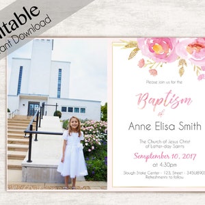 Baptism Invitation Girl, Editable PDF, Girl Invitation pink watercolor, Baptism Invite, Photo, Girl Baptism announcements, Baptism Template