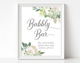 Bubbly Bar sign, Succulents Blush Flowers, Bubbly Bar Sign, Wedding Bar Sign, Printable Sign, Wedding Sign, Engagement Party Bubbly