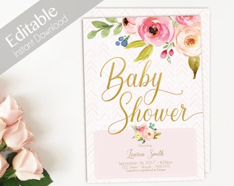 Baby Shower Invitation Pink Gold, Editable Baby Shower Invitation girl, flowers watercolor Invitation Baby Girl, baby shower template