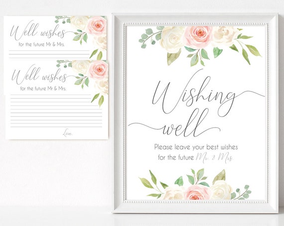 Wishing well sign, Blush White Pink, well wishes cards and sign, Bridal Shower Wishes for the future mr mrs card template, instant download