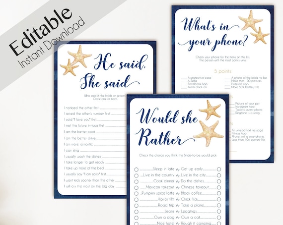 Bridal Shower Games Beach Navy Sea Starfish Editable Games Bridal Shower He Said She Said Would She Rather What's in your phone Nautical