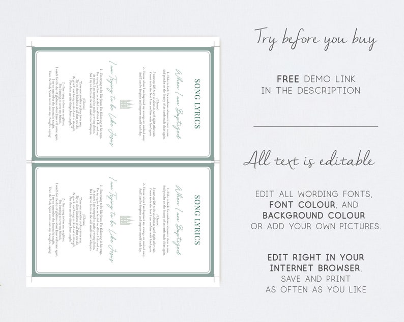 以下が含まれることがあります： 緑色の枠が付いた、デジタルダウンロード可能な印刷用歌詞テンプレート。テンプレートには、「私がバプテスマを受けたとき」と「私はイエスのようにありたい」という歌詞が含まれています。テキストは編集可能で、フォント、色、画像をカスタマイズできます。