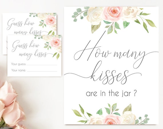 How many kisses are in the jar sign, Blush White Pink, How many kisses cards and sign, Bridal Shower How many kisses card, instant download