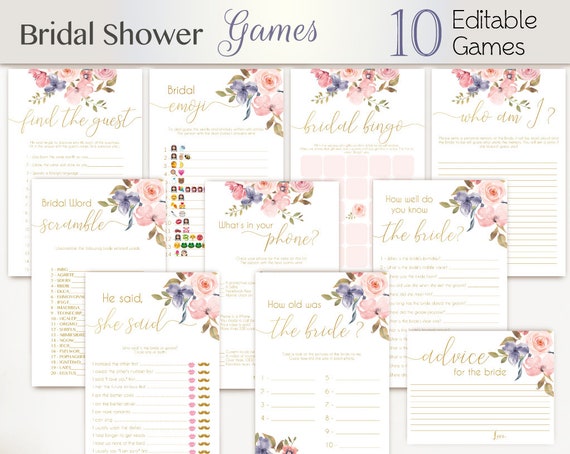 Bridal Shower Games Romantic Blush Pink Blue Niagara Flowers Editable Bridal Shower Games Package Set Bundle Gold Pink Floral Game Set