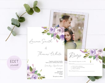 Bewerkbare bruiloft uitnodigen, bruiloft uitnodiging sjabloon Bewerkbare Lila paarse bloemen bruiloft, bruiloft uitnodiging met foto foto, RSVP-kaart