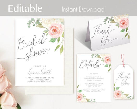 Bridal Shower Invitation Set, Editable PDF, Bridal Shower Printable, Romantic Blush Pink White Floral, Details card Thank you card Gift Tag