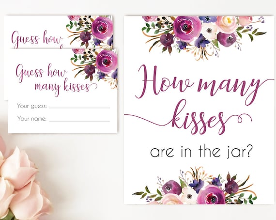 How many kisses are in the jar, Purple Lavender How many kisses cards and sign Bridal Shower How many kisses card, instant download