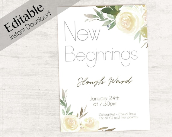 Editable New Beginnings Invitation, Young Women LDS Invitation, Instant Download, Young Women Invitation, YW printable, white flowers