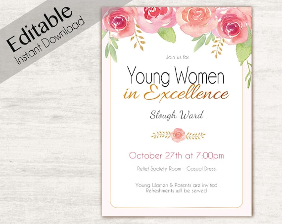 YW in Excellence Invitation Editable PDF Young Women lds Invitation, Instant Download, Young Women Invitation, YW in Excellence printable