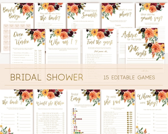 Bridal Shower Games, Bridal Shower Games Printable, Bridal Shower Games Bundle, Autumn fall flowers, wedding shower games, editable games