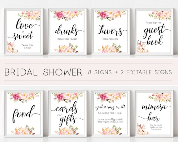 Bridal Shower Sign Set, Bridal Shower Sign Package Bundle, Printable Bridal Tea Sign, Romantic Blooms Rose Floral Editable Sign 5x7 8x10