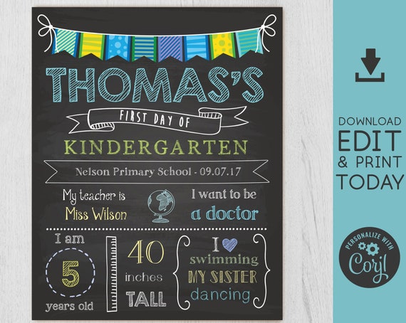 Back to School Sign 2025, First/Last Day of School Sign, First day of School Chalkboard Editable school sign, Chalkboard Boy, Blue Green
