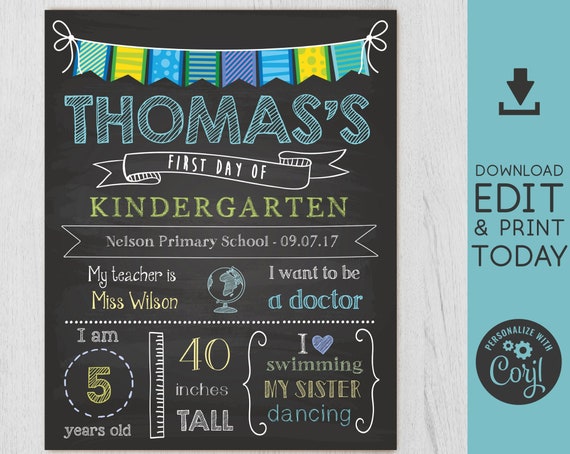 Back to School Sign, First/Last Day of School Sign, First day of School Chalkboard Editable school sign, Chalkboard Boy, Blue Green, Corjl