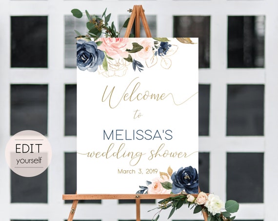 Welcome Sign Wedding Shower Template, Editable PDF, Editable Navy Gold Dusty Rose Floral Wedding Shower Welcome Sign Printable Bridal Shower