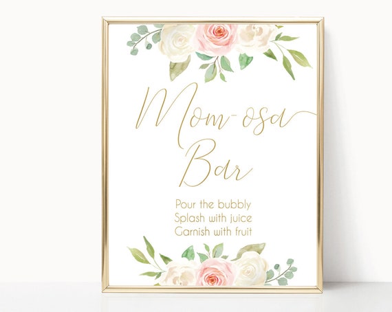 Mom-osa Bar Sign, Help yourself to a Mom-osa, Baby Shower Sign Printable Romantic Blush Pink White Floral Gold Baby Shower, Instant Download