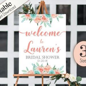 Welcome Sign Bridal Shower Template, Editable PDF, ANY EVENT, Bridal Baby Wedding Baptism Birthday Shower Sign, Coral and Turquoise flowers