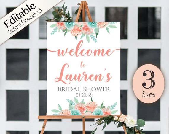 Welcome Sign Bridal Shower Template, Editable PDF, ANY EVENT, Bridal Baby Wedding Baptism Birthday Shower Sign, Coral and Turquoise flowers