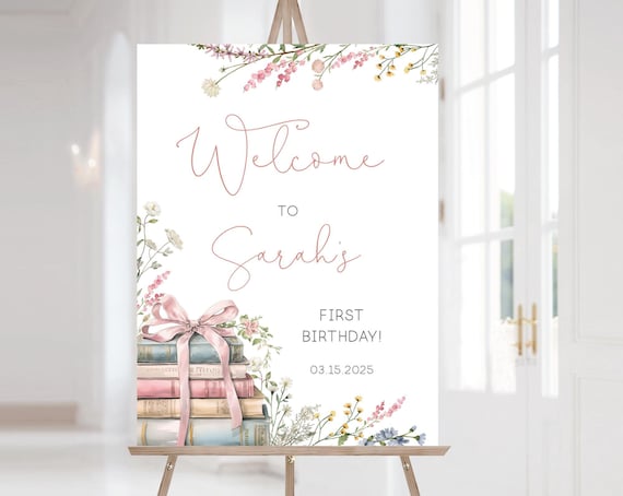 One for the Books Welcome sign, First Birthday Editable Birthday Welcome Sign Template, 1st Birthday Party Floral Book Sign, Corjl, BL25