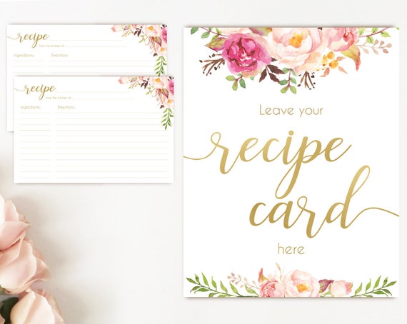 Recipe Cards Bridal Shower, Recipe Sign, Recipe Card Printable Romantic Blooms Rose Floral Gold Sign, Recipe Card Floral INSTANT DOWNLOAD