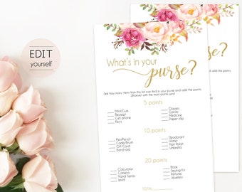 Jeu de douche nuptiale Qu'y a-t-il dans votre sac à main, PDF modifiable Douche nuptiale, Blush Bloom Pink Gold, Jeu modifiable, qu'y a-t-il dans votre jeu de sac