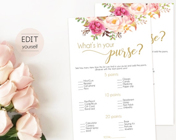 Bridal Shower Game What's in your purse, Editable PDF Bridal Shower, Blush Bloom Pink Gold, Editable Game, what's in your bag game