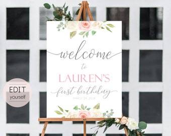 Welcome Sign Birthday Party, Template 1st birthday, Editable Sign, Welcome Party Birthday, Sign Romantic White Blush Pink Floral, Corjl