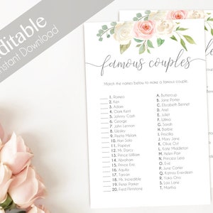 Bridal Shower Game, Match the FAMOUS COUPLES, Editable PDF, Instant Download, Bridal Shower Blush Pink White, Editable Wedding Shower Game