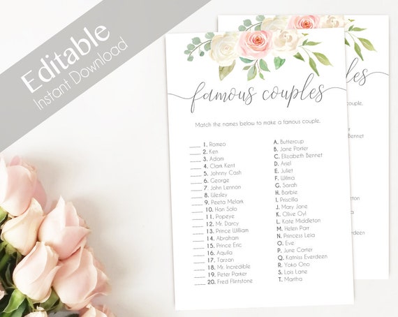 Bridal Shower Game, Match the FAMOUS COUPLES, Editable PDF, Instant Download, Bridal Shower Blush Pink White, Editable Wedding Shower Game