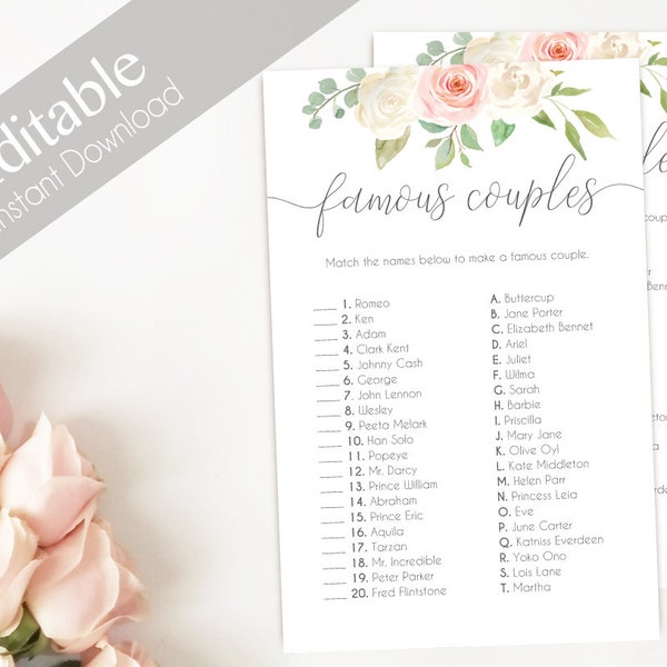 Bridal Shower Game, Match the FAMOUS COUPLES, Editable PDF, Instant Download, Bridal Shower Blush Pink White, Editable Wedding Shower Game