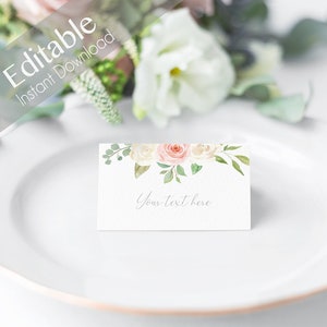 Segnaposti modificabili, carta tenda bianca rosa romantica stampabile, fiore bianco rosa, segnaposto modificabile addio al nubilato, biglietto piegato
