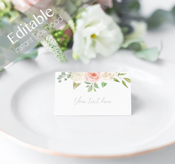 EDITABLE Place Cards, Printable Romantic Pink White Tent Card, Pink White Flower, Editable Place Card Bridal Shower, Folded Card