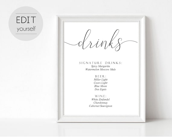 Editable Drinks Sign, Editable Sign, Wedding Sign Template, Wedding Drinks Sign, Calligraphy Drinks Sign, Wedding Drinks Menu, Editable PDF