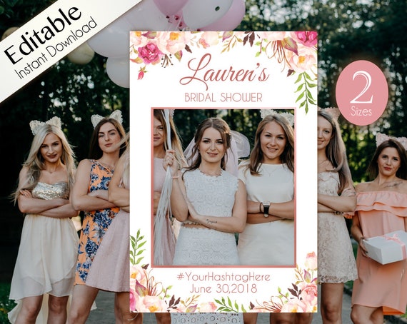 Bridal Shower Photo Booth Frame, Photo Prop Frame, Birthday Photo Booth Prop,  Editable PDF, Romantic Blooms Rose Floral Rose Gold