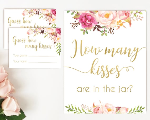 How many kisses are in the jar sign, Blush Bloom Pink Gold, How many kisses cards and sign, Bridal Shower How many kisses instant download