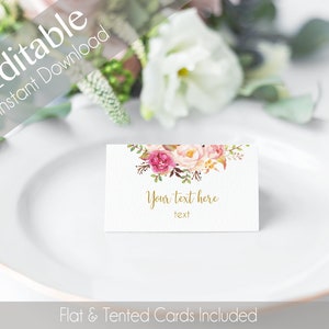 EDITIERBARE Zeltkarten, doppelseitig, flache Zeltkarten, druckbare romantische Blüte Blush Pink Flower Gold, bearbeitbare Tischkarte Brautparty