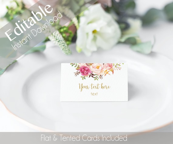 EDITABLE Tent Cards, double side, Tent Flat Cards, Printable Romantic Bloom Blush Pink Flower Gold, Editable Place Card Bridal Shower