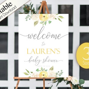 Signo de Bienvenida Baby Shower, Plantilla Baby Shower, PDF Editable, Signo de Bienvenida Baby Shower Romántico BlancoAmarillo Floral, Signo Editable, unisex